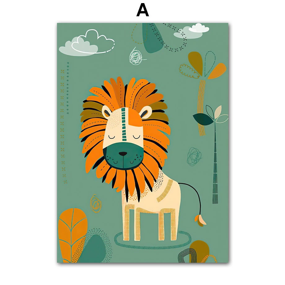 Verspieltes Löwen-Poster von justgoodmood, das einen lächelnden Löwen in Dschungeldesign zeigt und perfekt zur Kinderzimmer-Serie "Born to be wild" passt.