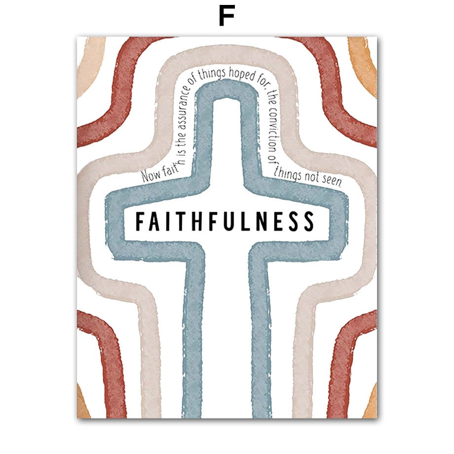 Wundervolles Poster von justgoodmood mit dem Titel 'Treue' - buntes Kreuzdesign mit einer starken Botschaft über Glauben und Hoffnung. Ein schöner Akzent für jeden Raum.