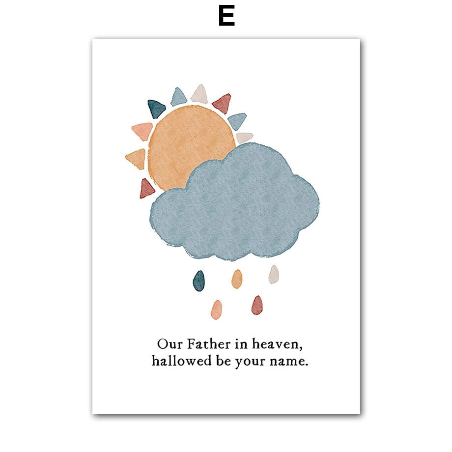 Niedliches Poster mit Sonne und Wolken und dem Gebetstext. Eine bezaubernde Ergänzung für jedes Kinderzimmer, von justgoodmood - Poster Kinderzimmer Herz Kreuz.