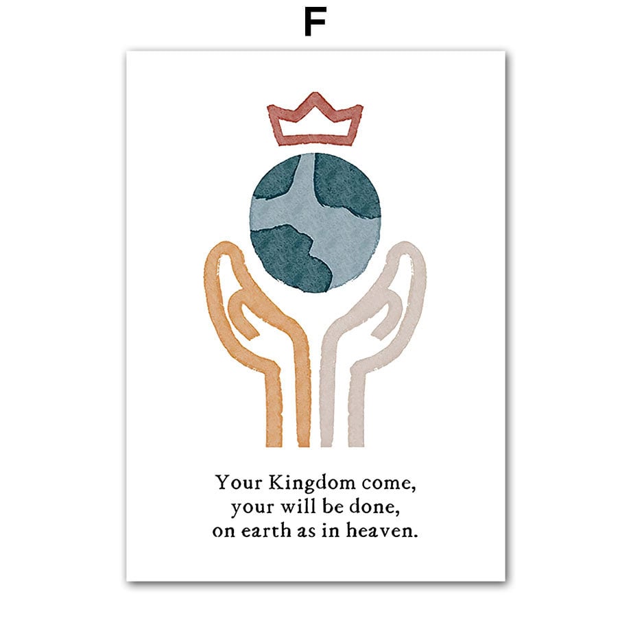 Das Poster "Kinderzimmer Herz Kreuz" von justgoodmood zeigt eine künstlerische Darstellung einer Weltkugel, gehalten von Händen, mit einer Krone darüber. Perfekt für kreative Kinderzimmer-Wanddeko.