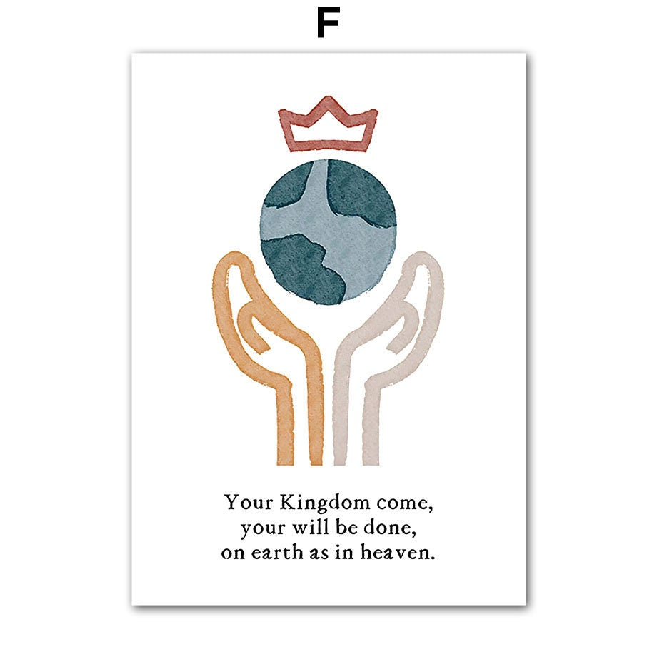 Farbenfrohes Aquarell-Poster 'Herz Kreuz' von justgoodmood, das die Erde in Händen mit einer Krone zeigt – inspirierender Wandschmuck für Kinderzimmer.