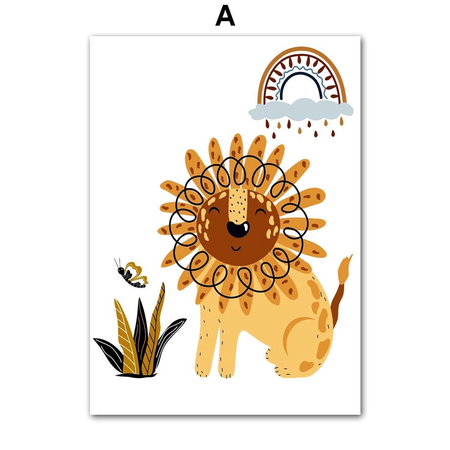 Fröhliches Kinderzimmerposter von justgoodmood mit dem Titel "Born to be Wild", zeigt eine Giraffe und einen Löwen in lebhaften Farben für einen abenteuerlichen Look.