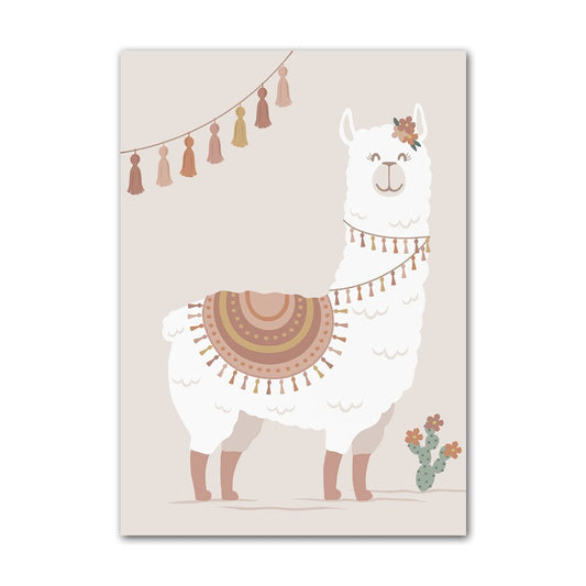 Kinderzimmer Poster von justgoodmood mit einem fröhlichen Alpaka im Regenbogen-Kaktus-Design, ideal für die Wanddekoration im Kinderzimmer.