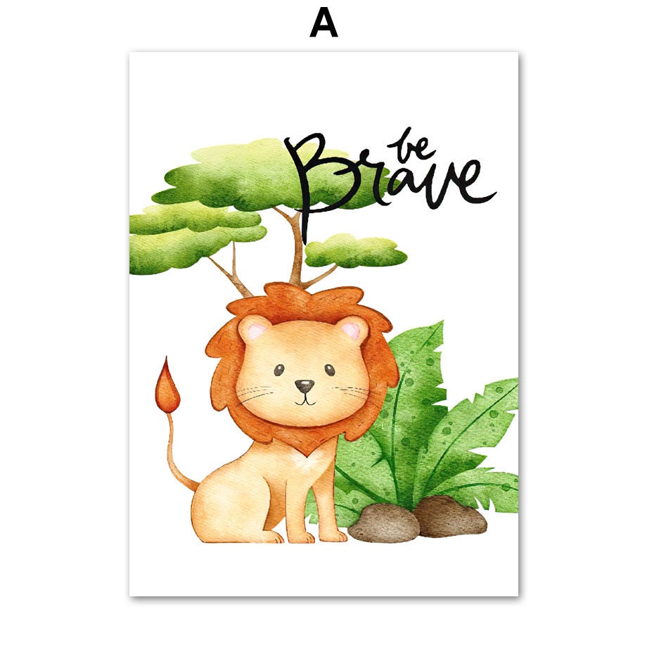 Niedlicher Löwe steht im Fokus dieses Posters von justgoodmood, mit dem inspirierenden Text 'be Brave' im Kinderzimmer-Design.