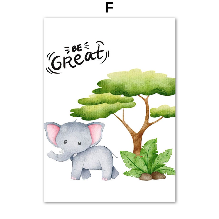 Fröhliches Poster für das Kinderzimmer mit einem süßen Elefanten und dem Text 'Be Great', das garantiert Freude ins Kinderzimmer bringt, erhältlich bei justgoodmood. Poster Kinderzimmer Dschungel Tiere Zeichentrick.