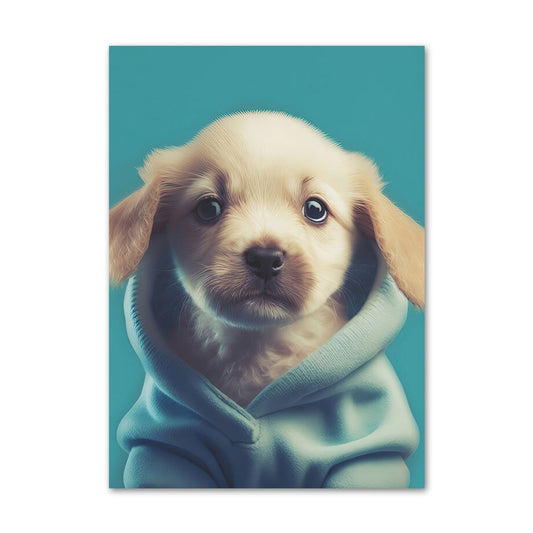 Niedlicher Welpe in Kapuzenpullover, abgebildet auf einem Poster von justgoodmood, das sich ideal für das Kinderzimmer eignet - ein fröhlicher Blickfang für junge Tierliebhaber.