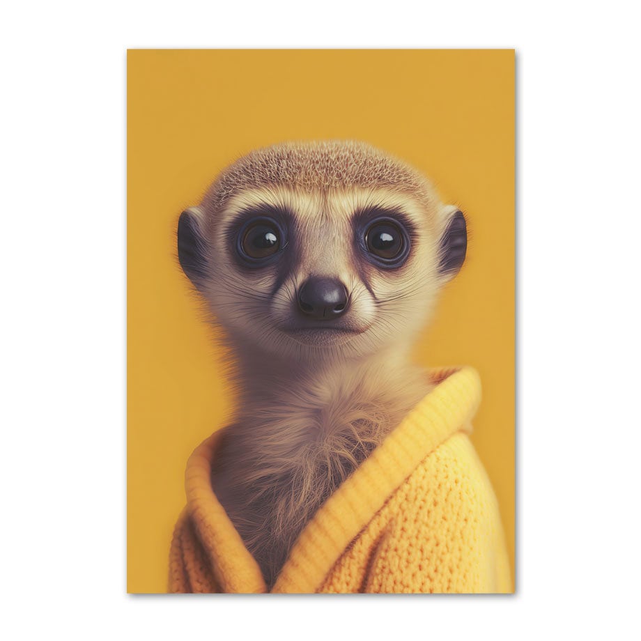 Süßes Erdmännchen-Poster für das Kinderzimmer von justgoodmood mit einem charmanten Erdmännchen in einem gelben Pullover. Ideal für eine kreative und fröhliche Kinderzimmereinrichtung.