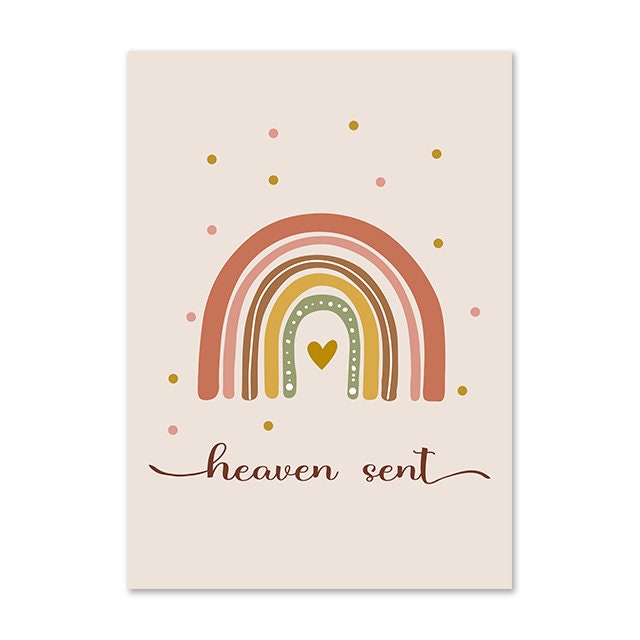 Zauberhaftes Poster mit einem Regenbogen und der Aufschrift 'heaven sent', perfektes Wandbild für süße Kinderzimmer. Kunstdruck von justgoodmood.