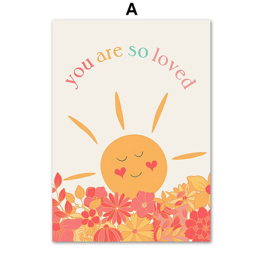 Sonniges Kinderzimmer Poster von justgoodmood: 'You are so loved', mit bezauberndem Sonnendesign und bunten Blumen, perfektes Dekostück für ein liebevolles Kinderzimmer.