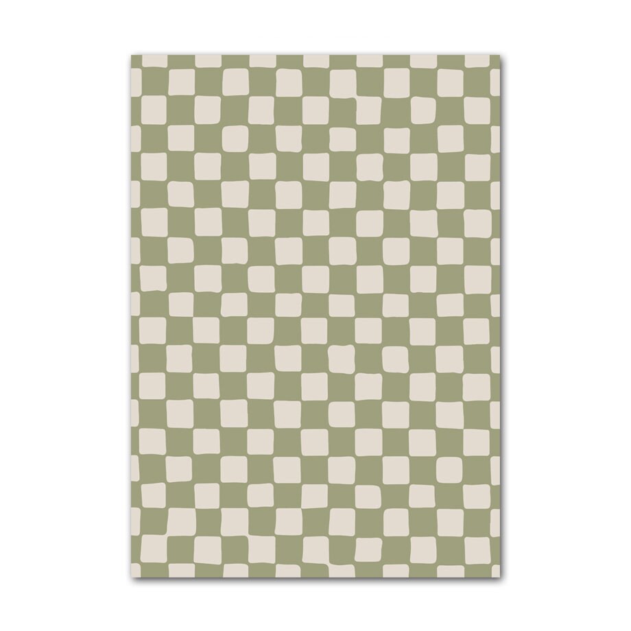 Hervorragender Boho Poster Abstrakt Berggrün von justgoodmood mit einem stilvollen checkered Muster in sanften Grüntönen, ideal für Wohnzimmer und Schlafzimmer.