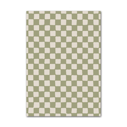 Hervorragender Boho Poster Abstrakt Berggrün von justgoodmood mit einem stilvollen checkered Muster in sanften Grüntönen, ideal für Wohnzimmer und Schlafzimmer.