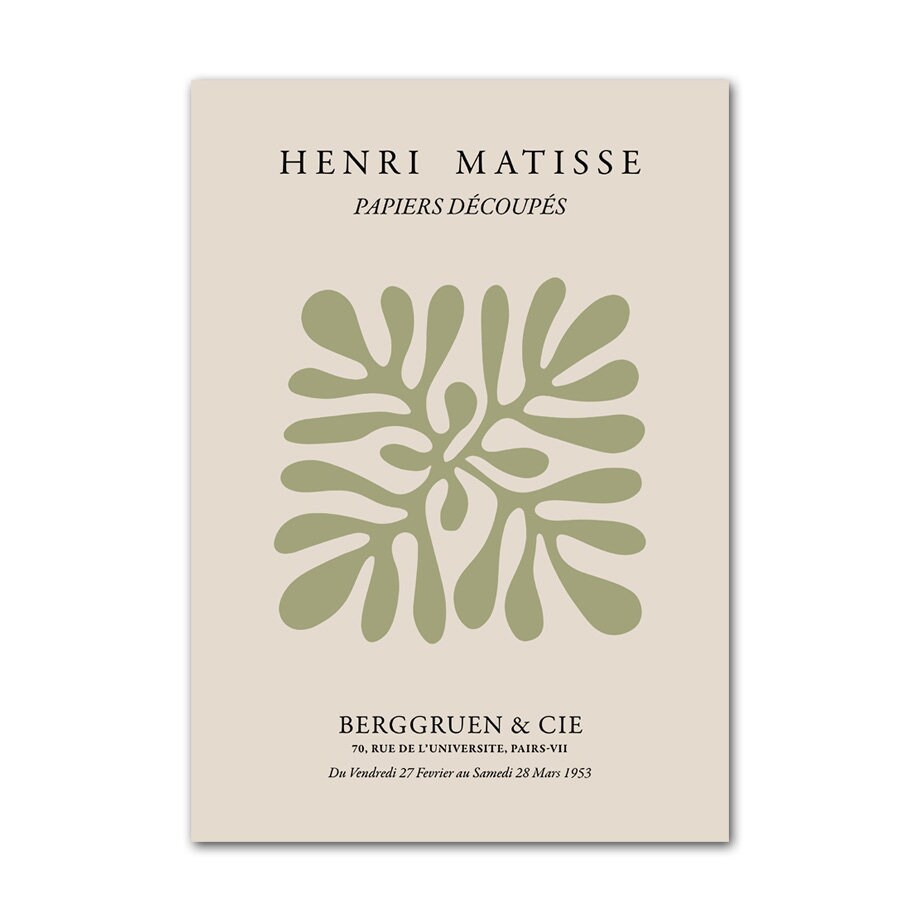 Kreativer Boho Poster Abstrakt Berggrün von justgoodmood im künstlerischen Stil von Henri Matisse, eine ansprechende Wanddekoration für stilbewusste Zuhause.