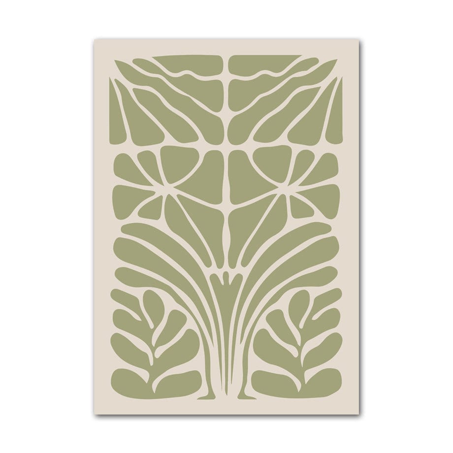 Stimmungsvoller Boho Poster Abstrakt Berggrün von justgoodmood, der mit floralen Formen und einer modernen Note Ihre Wände zum Strahlen bringt.