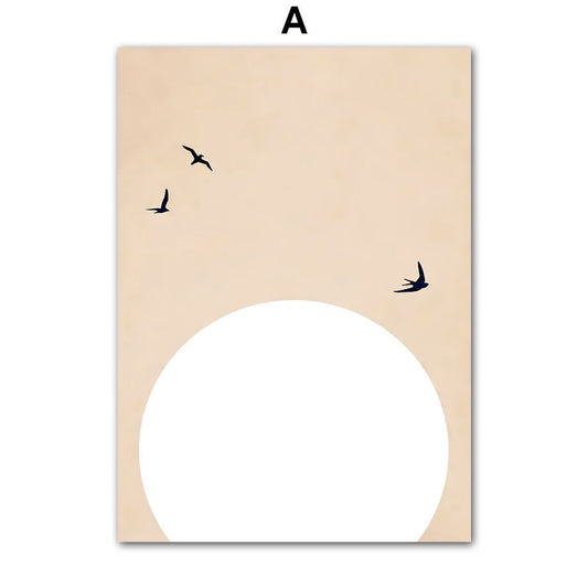 Minimalistisches Wandbild mit Vögeln und Sonne von JustGoodMood, ideal für einen stilvollen und modernen Wohnraum.