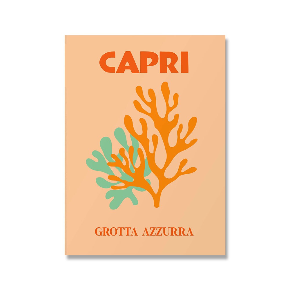 Stylisches Capri Poster mit korallenähnlichen Designs auf orangefarbenem Hintergrund. Erfrischende Wandkunst, von justgoodmood, Titel: Poster Städte Reise Urlaub I Capri.