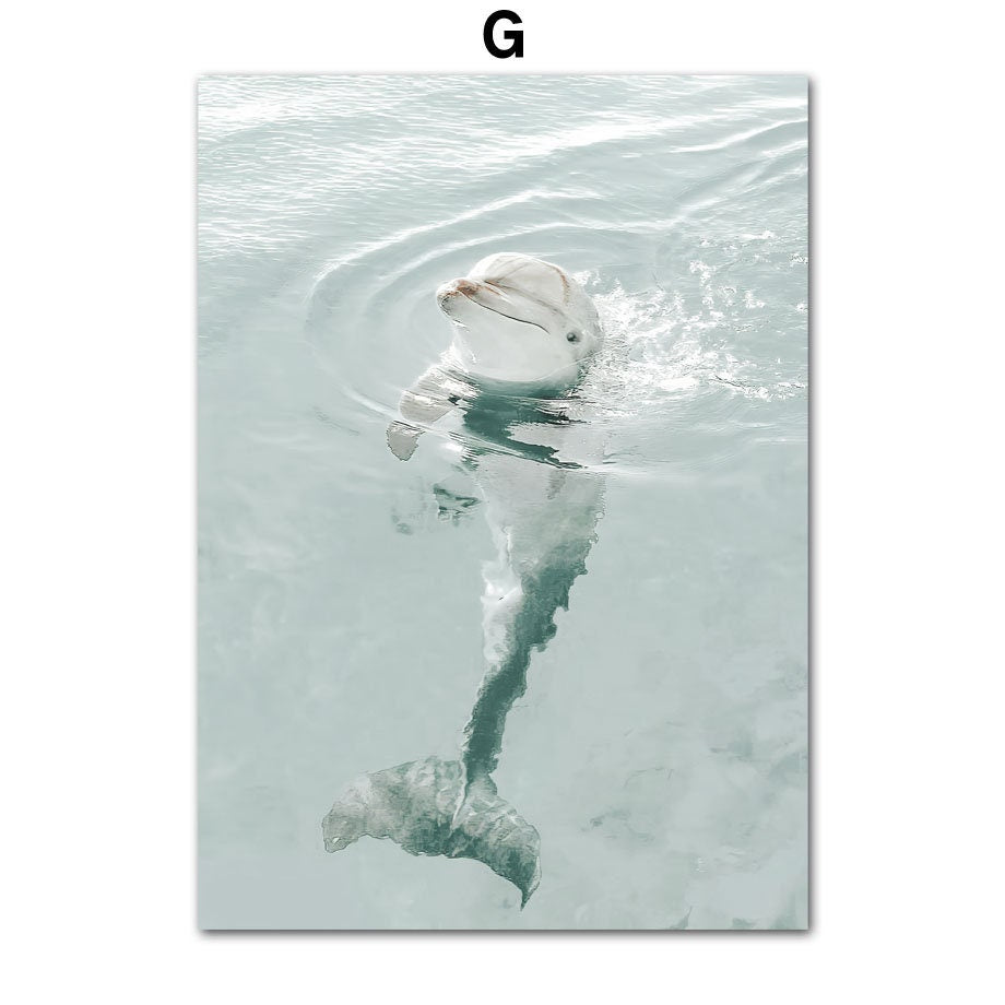 Lächelnder Delfin im Wasser - bringt positive Stimmung ins Zuhause von justgoodmood, Teil des Posters 'Strand Wellen Meer Palmen Delfin Sonnenbrille Hut'.