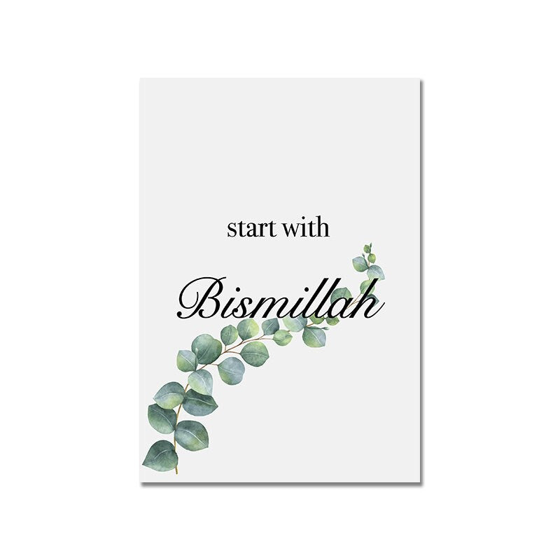 Inspirierendes Poster 'Bismillah' mit botanischem Design von justgoodmood, ideal für Wohnzimmer und Schlafzimmer.