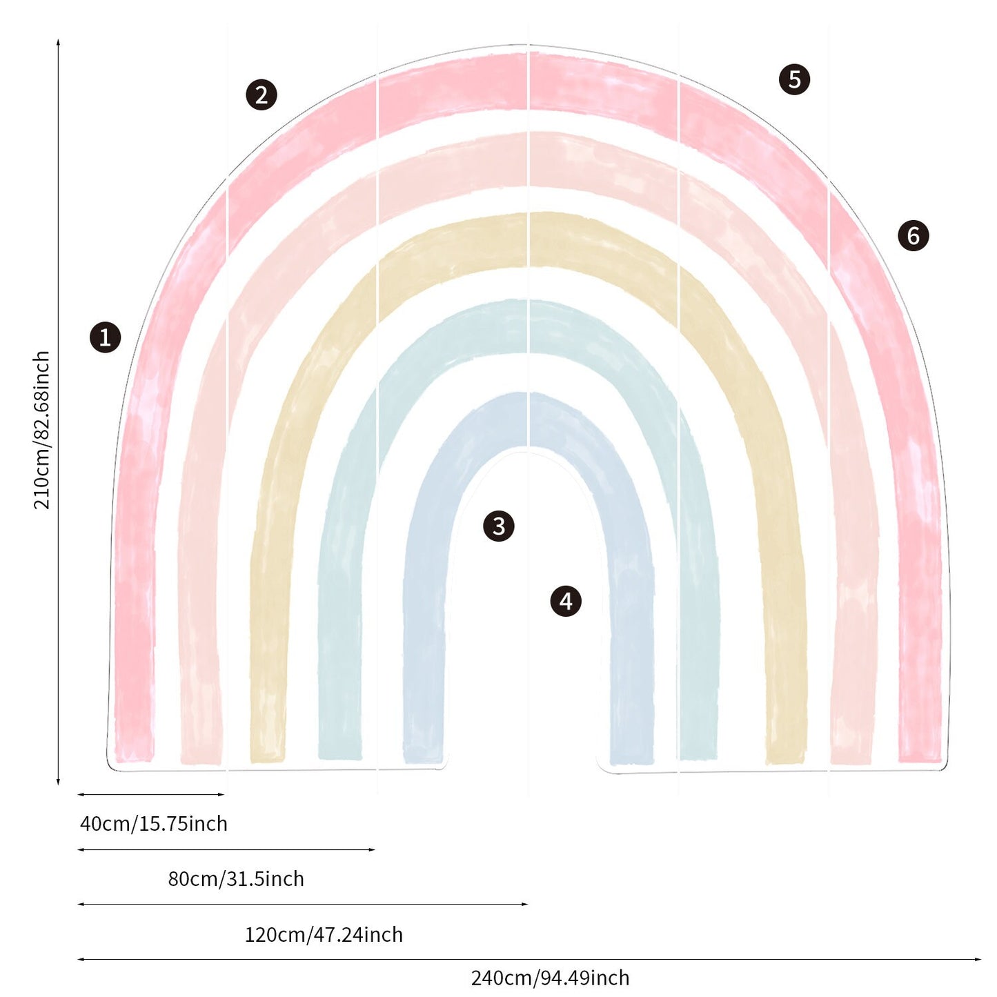 Bunte Regenbogen Wandaufkleber von justgoodmood für Kinderzimmer; Maße 210cm x 240cm. Perfekt für kreative Wandgestaltung!