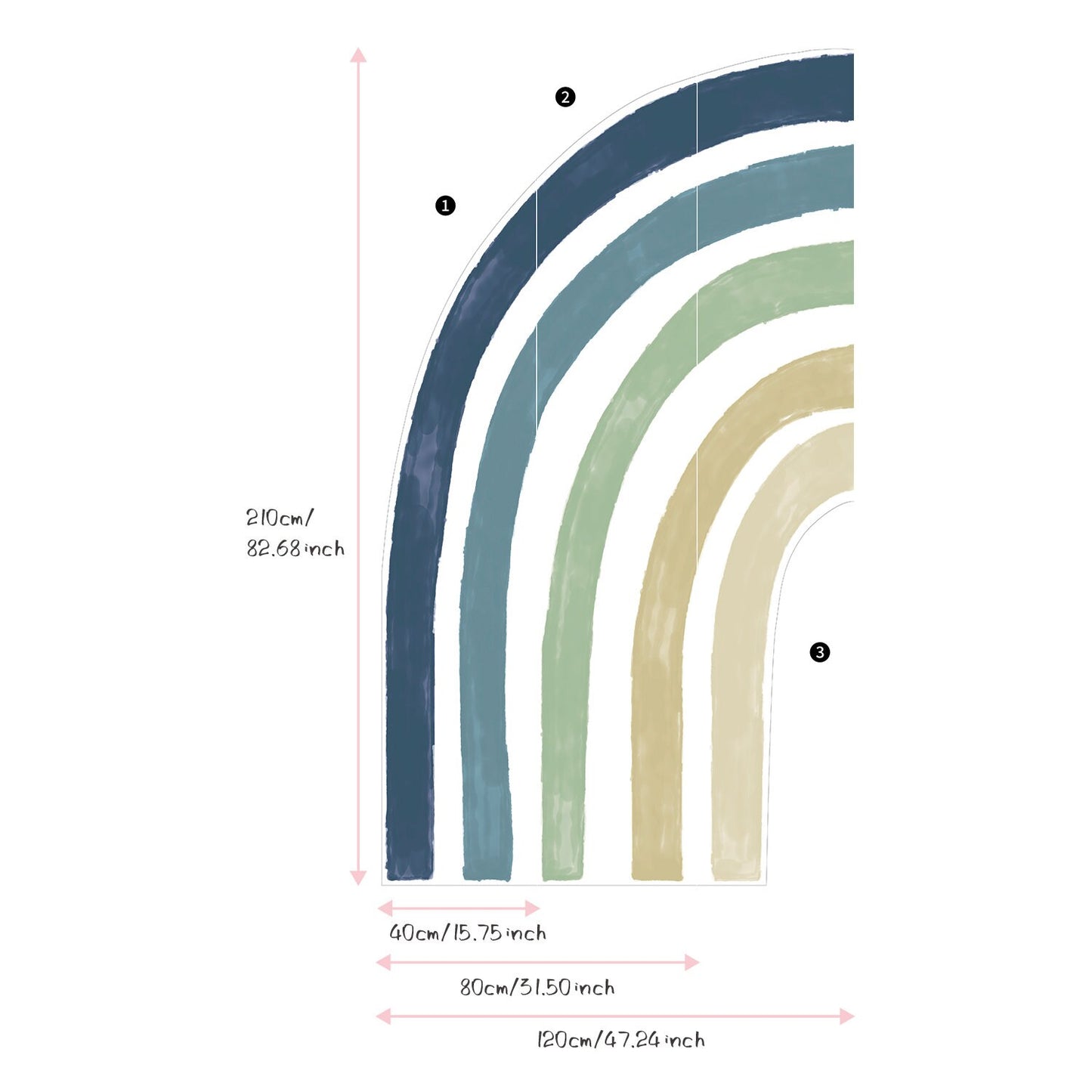 Farbenfroher Regenbogen Wandaufkleber für Kinderzimmer von justgoodmood. Perfekt zum Dekorieren mit einfachen Maßen und Anbringungsanleitungen für eine kreative Wandgestaltung.