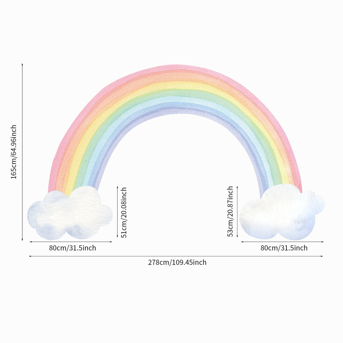 Maßschema des Regenbogen Wandtattoos von justgoodmood, zeigt die verschiedenen Größen und Details des bunten Wandaufklebers für ein fantasievolles Kinderzimmer.