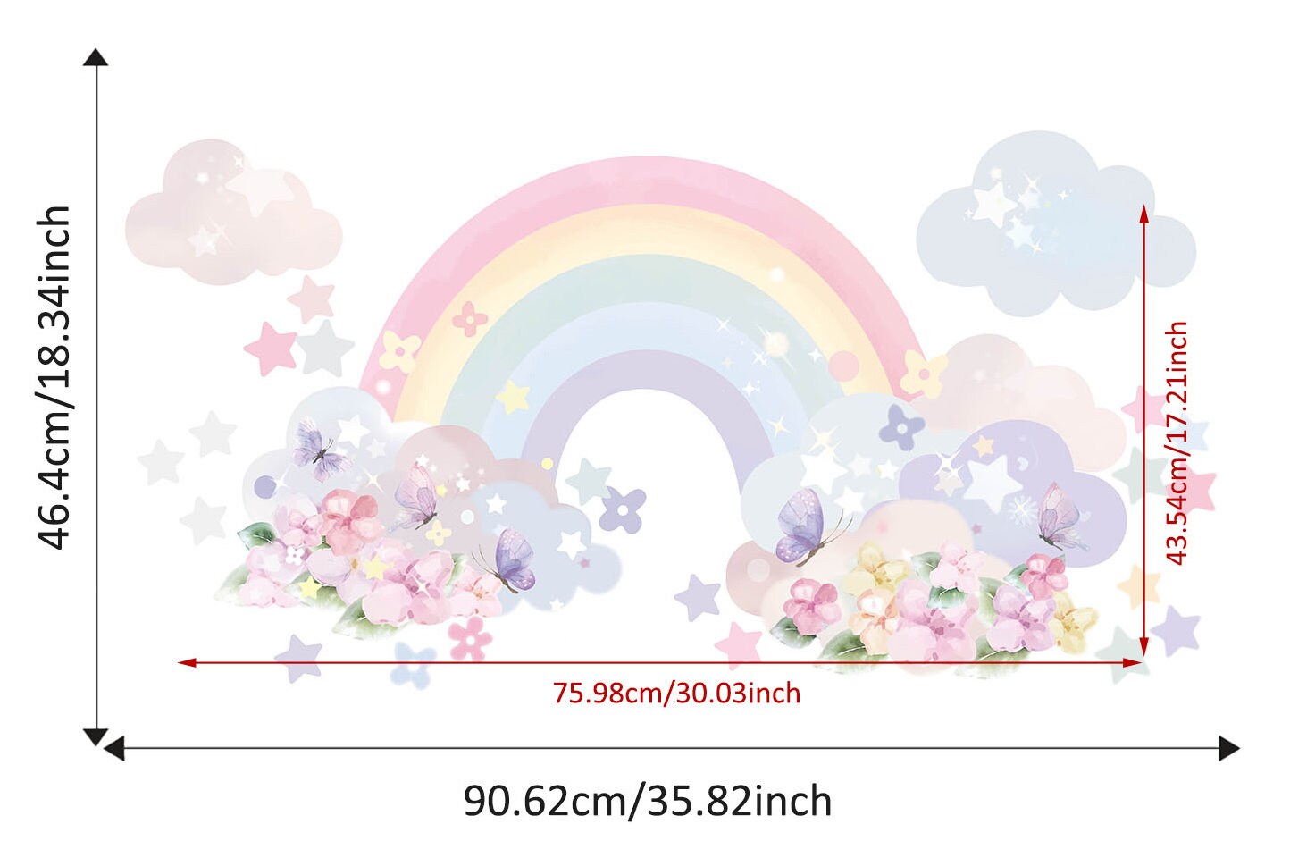 Praktische Maße für den Wandaufkleber von justgoodmood mit einem Regenbogen, hübschen Wolken und bunten Blumen, ideal für kreative Wandgestaltung im Kinderzimmer.