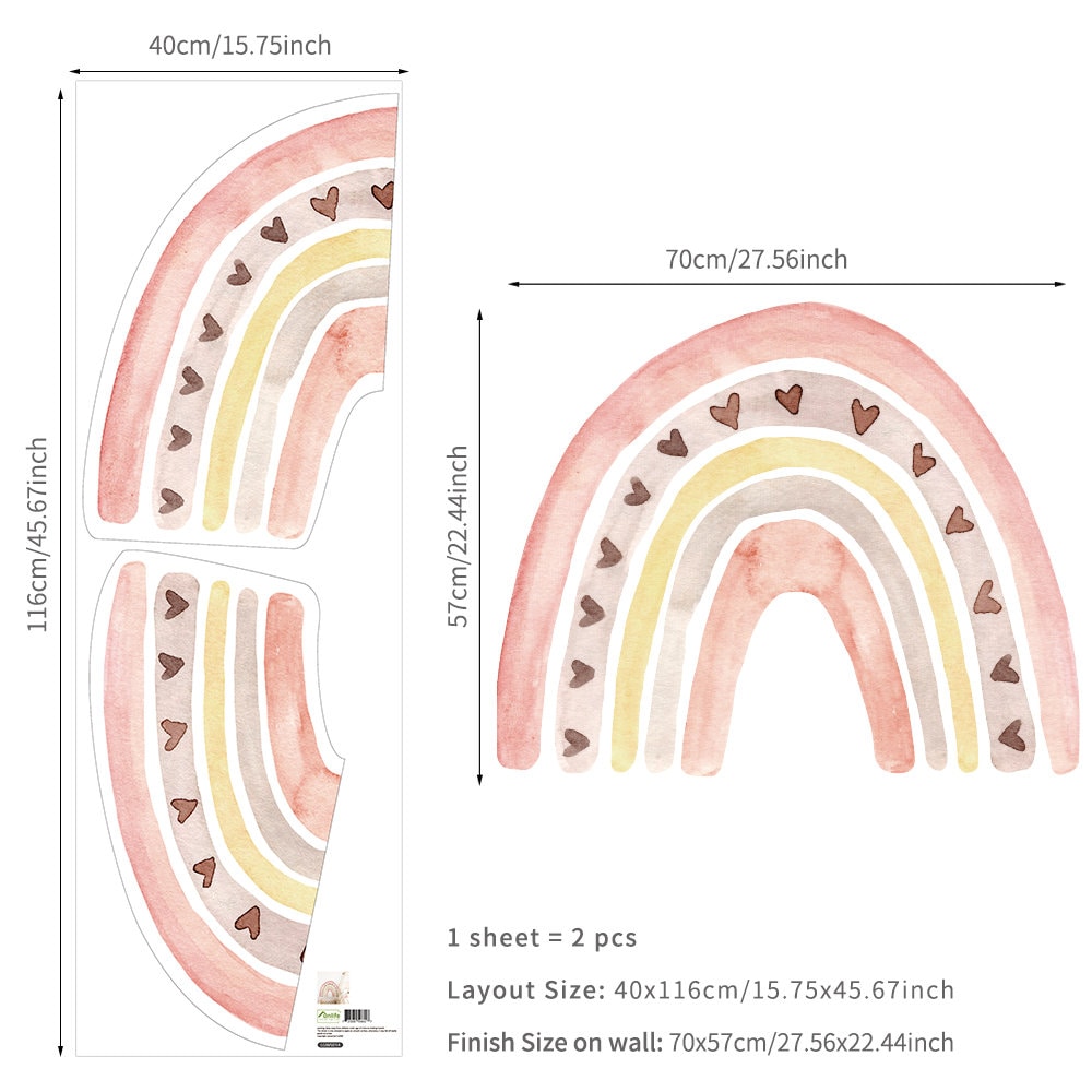Detailansicht der Boho-Stil Wandtattoos von justgoodmood mit diversen Regenbogenmotiven. Perfekte Wand Deko für Babyzimmer und Kinderzimmer Sticker Set.