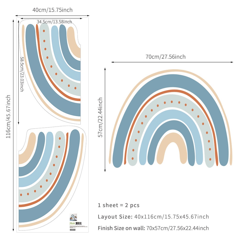 Detailansicht des Boho-Stil Regenbogen Wandtattoos von justgoodmood, zeigt die Größe und Gestaltung für kreative Wanddeko im Kinderzimmer.