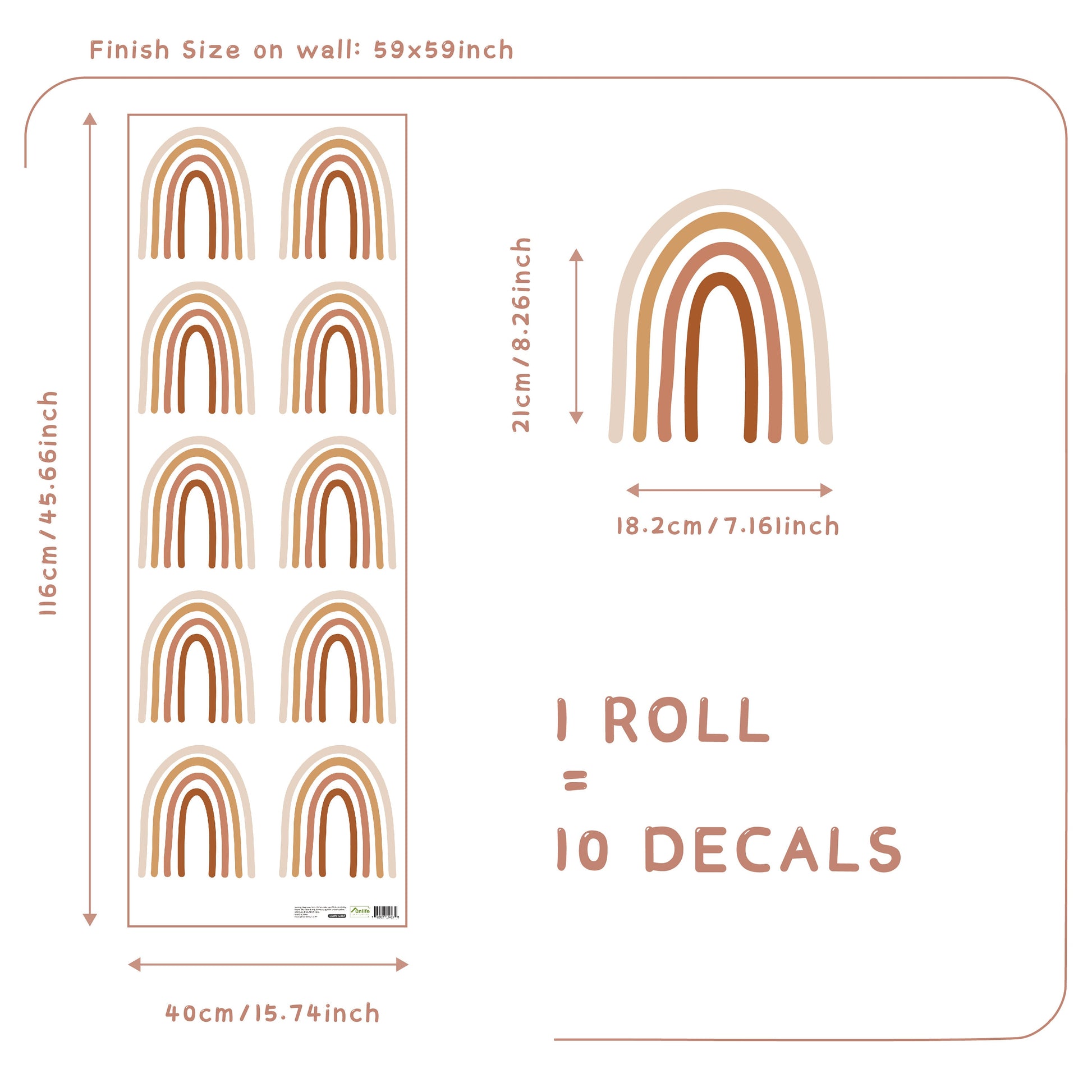 Wandaufkleber Set im Boho Stil von justgoodmood mit stilvollen Regenbogenmotiven. Perfekte Wand Deko für Kinderzimmer, Babyzimmer und kreative Raumgestaltung. Maße: 59x59 Zoll, 10 Dekalen pro Rolle.