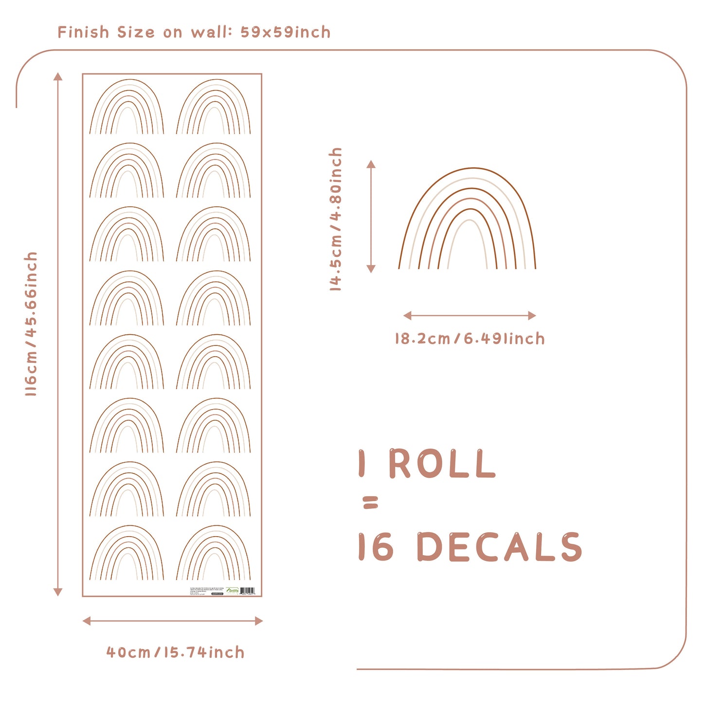 Sticker Set von justgoodmood mit Regenbogen-Wandtattoos für das Kinderzimmer, inklusive Maßstab und Anwendungshinweisen, perfekt für Babyzimmer-Deko.