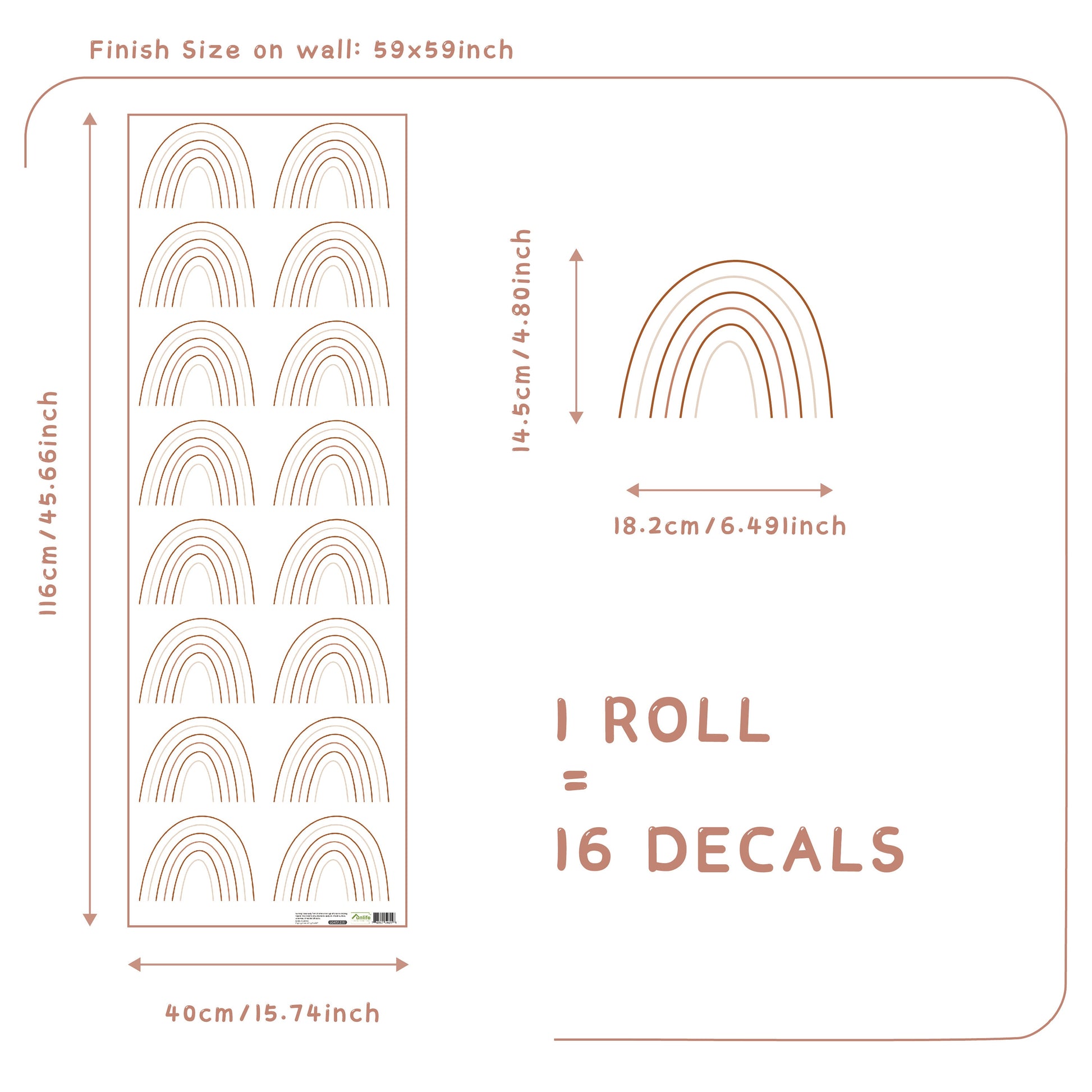 Sticker Set von justgoodmood mit Regenbogen-Wandtattoos für das Kinderzimmer, inklusive Maßstab und Anwendungshinweisen, perfekt für Babyzimmer-Deko.