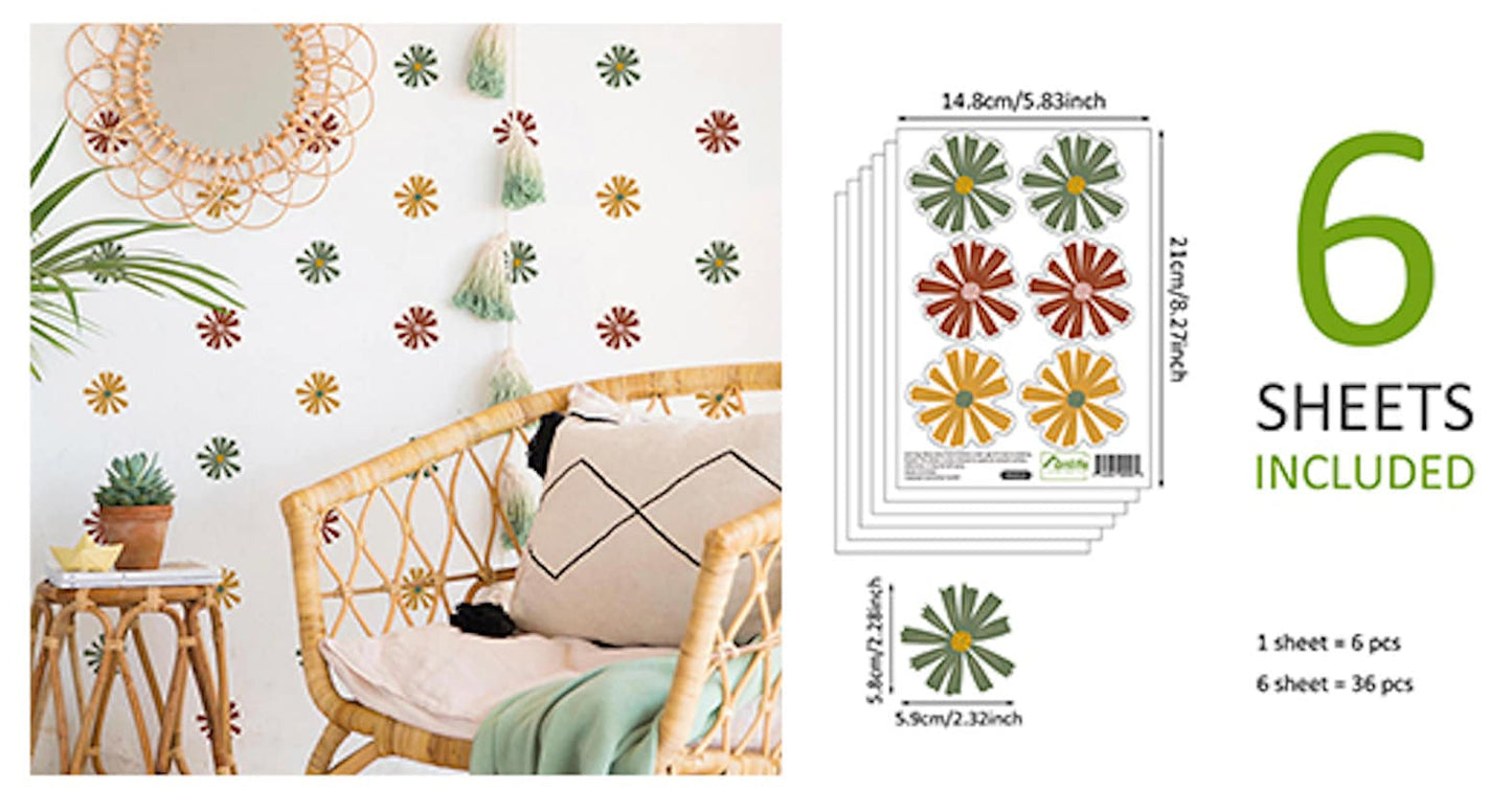 Sechs Blätter mit farbigen Boho Blume Wandstickern von justgoodmood, ideal für die kreative Wand Deko im Kinderzimmer oder Babyzimmer, Sticker Set in fröhlichen Designs.