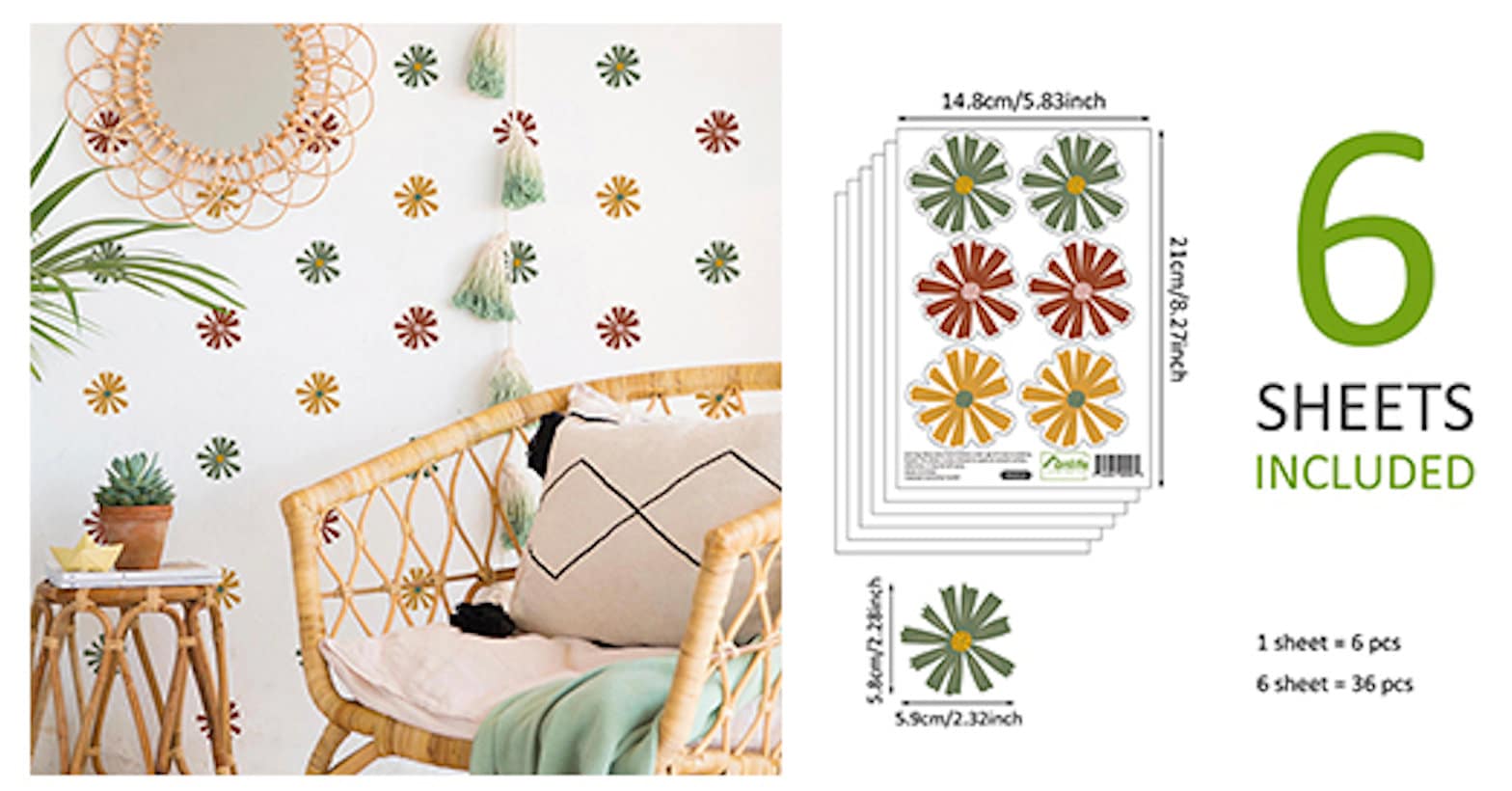 Sechs Blätter mit farbigen Boho Blume Wandstickern von justgoodmood, ideal für die kreative Wand Deko im Kinderzimmer oder Babyzimmer, Sticker Set in fröhlichen Designs.