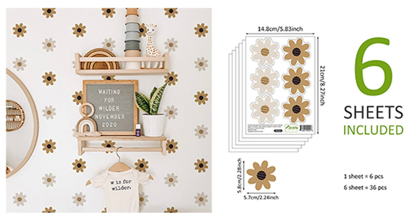 Fröhliche Boho Blume Wandaufkleber von justgoodmood für das Kinderzimmer. Farbige Wandtattoos verwandeln Babyzimmer und Spielräume mit kreativen Designs. 6 Bögen mit insgesamt 36 einzigartigen Aufklebern für eine magische Atmosphäre.