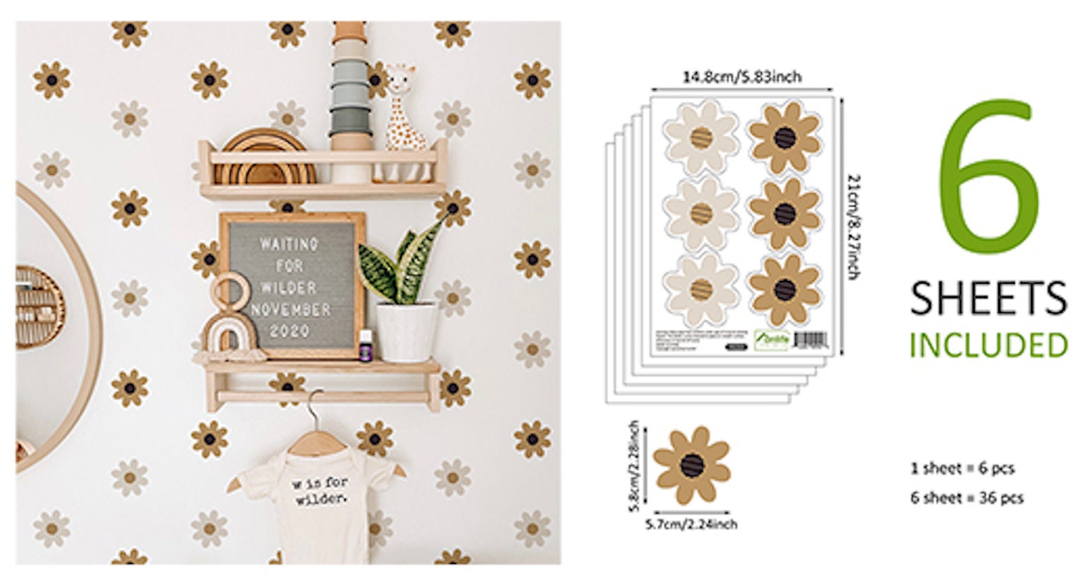 Praktische Nutzung der Boho Blumen Wandsticker von justgoodmood zur Verschönerung eines Raumes. Enthält Details zu sechs Blätter mit insgesamt 36 Stickern.