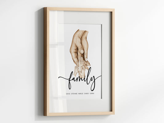 Elegantes Familienposter mit den Händen und Namen, perfekt für Ihre Wand im Schlafzimmer oder Wohnzimmer. Hergestellt von justgoodmood, ein liebevolles Kunstwerk für Ihr Zuhause.
