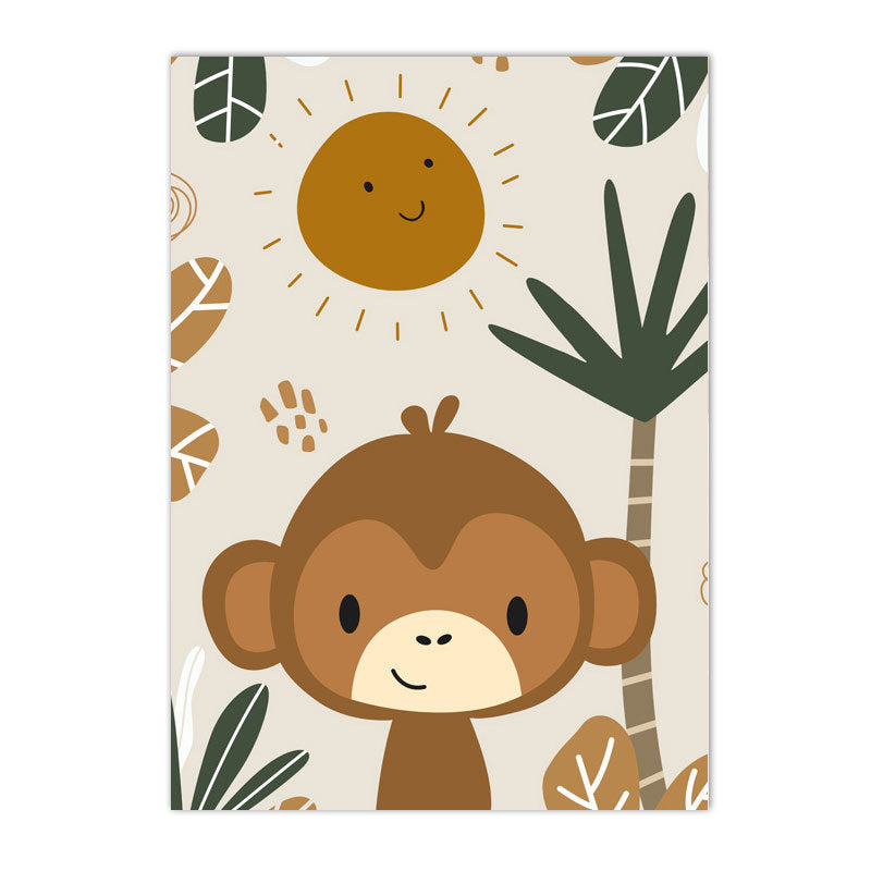 Niedliches Mottoposter eines lächelnden Affen mit Sonnenstrahlen im Hintergrund, perfekt für die Verschönerung eines Kinderzimmers. Poster Kinderzimmer Hakuna Matata Löwe I Kinderzimmer Bilder I Wand Deko I Kunst Druck I Deko Print I ohne Rahmen von justgoodmood.