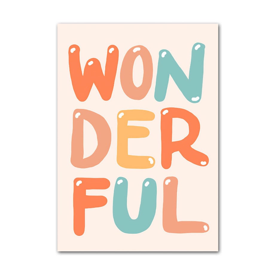 Buntes 'WONDERFUL' Wortkunst-Poster, farbenfrohe Wanddeko für Kinderzimmer von justgoodmood.