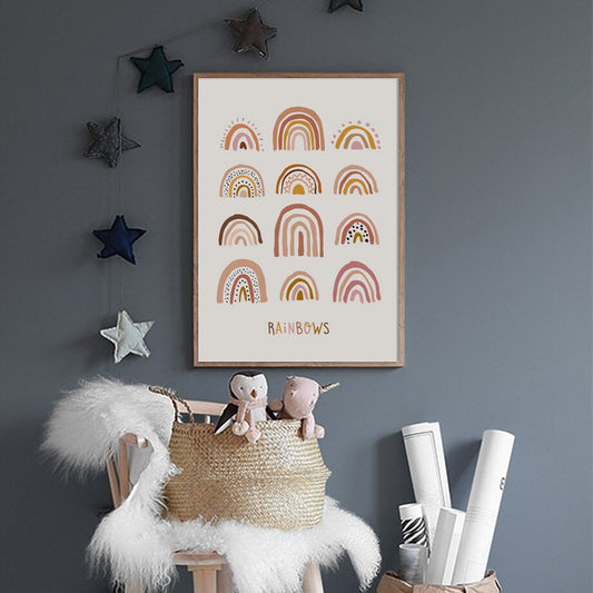 Buntes Poster von justgoodmood mit fröhlichen Regenbogen Motiven. Perfekt als Wanddeko im Kinderzimmer.