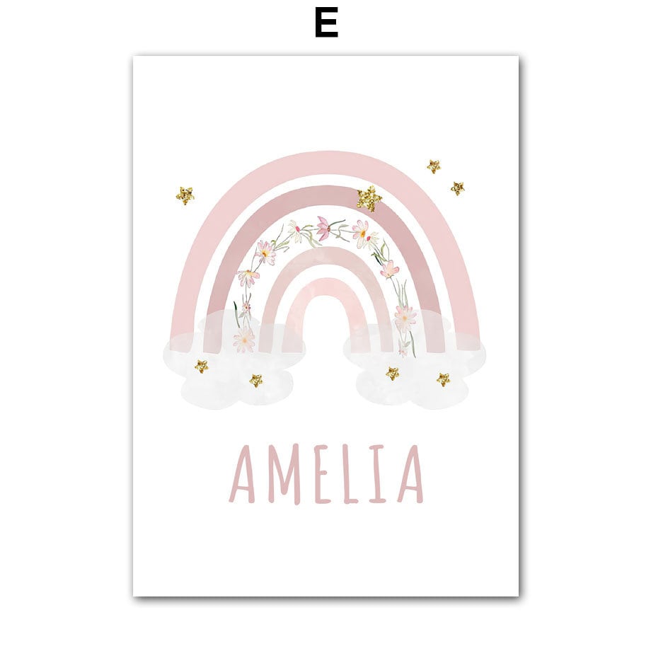 Einzelnes Poster mit buntem Regenbogen, personalisiert mit dem Namen 'Amelia', stilvolle Deko für das Kinderzimmer, erhältlich bei justgoodmood.