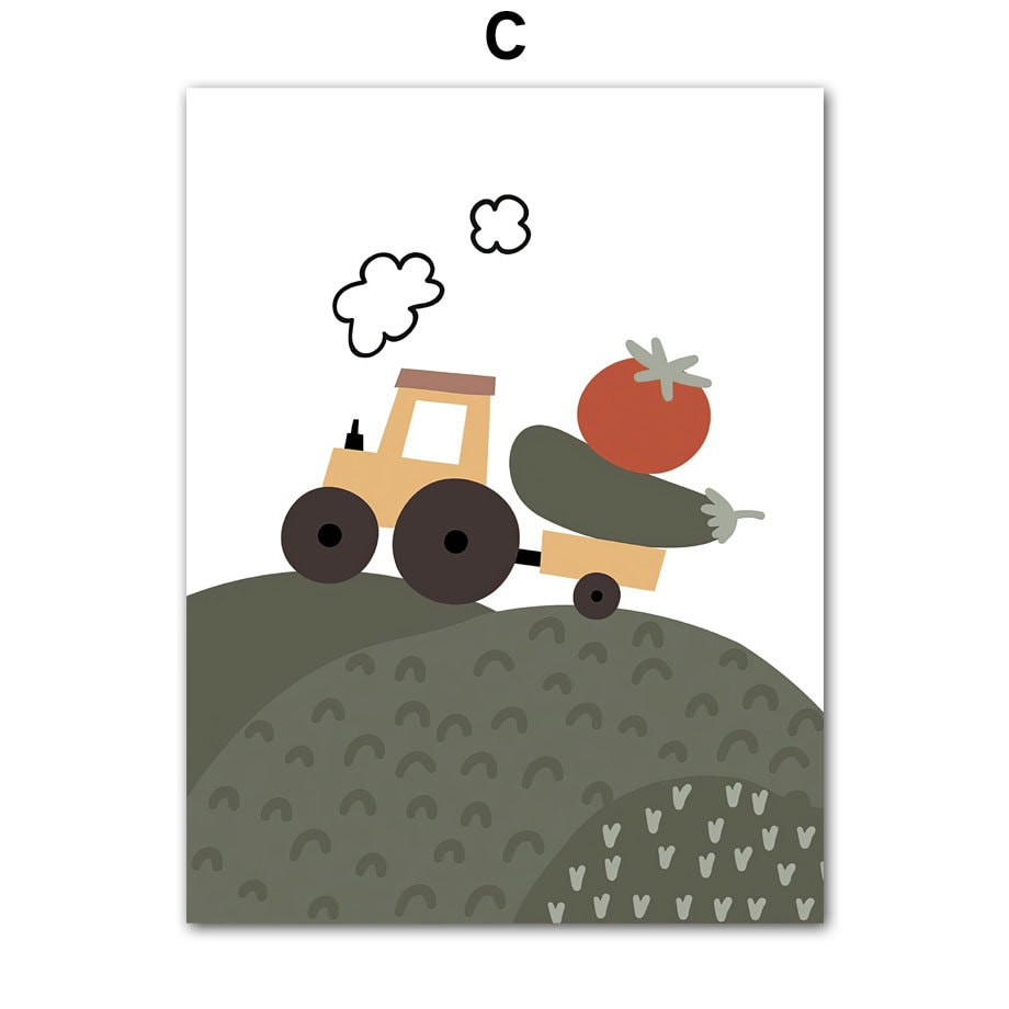 Fröhliches Bauernhof-Poster von justgoodmood, das einen Traktor mit Gemüse zeigt, ideal für kleine Tierliebhaber. Poster Kinderzimmer Bauernhof Bauer Tiere Kuh Schwein Pferd Hahn.