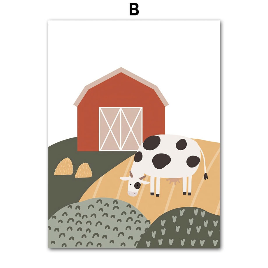 Niedliches Bauernhof-Poster von justgoodmood mit einer Kuh vor einer roten Scheune, perfekt für das Kinderzimmer. Poster Kinderzimmer Bauernhof Bauer Tiere Kuh Schwein Pferd Hahn.