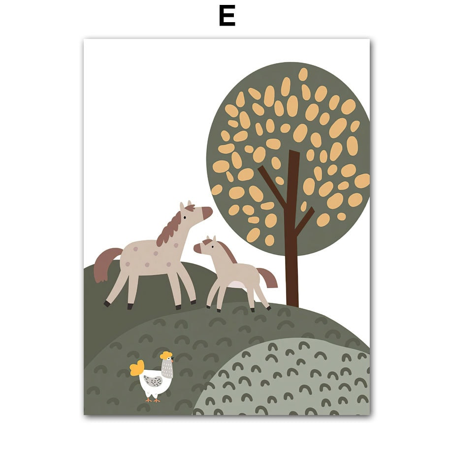 Lebhaftes Bauernhof-Poster von justgoodmood mit zwei Pferden und einem Baum, das eine einladende Atmosphäre für das Kinderzimmer schafft. Poster Kinderzimmer Bauernhof Bauer Tiere Kuh Schwein Pferd Hahn.