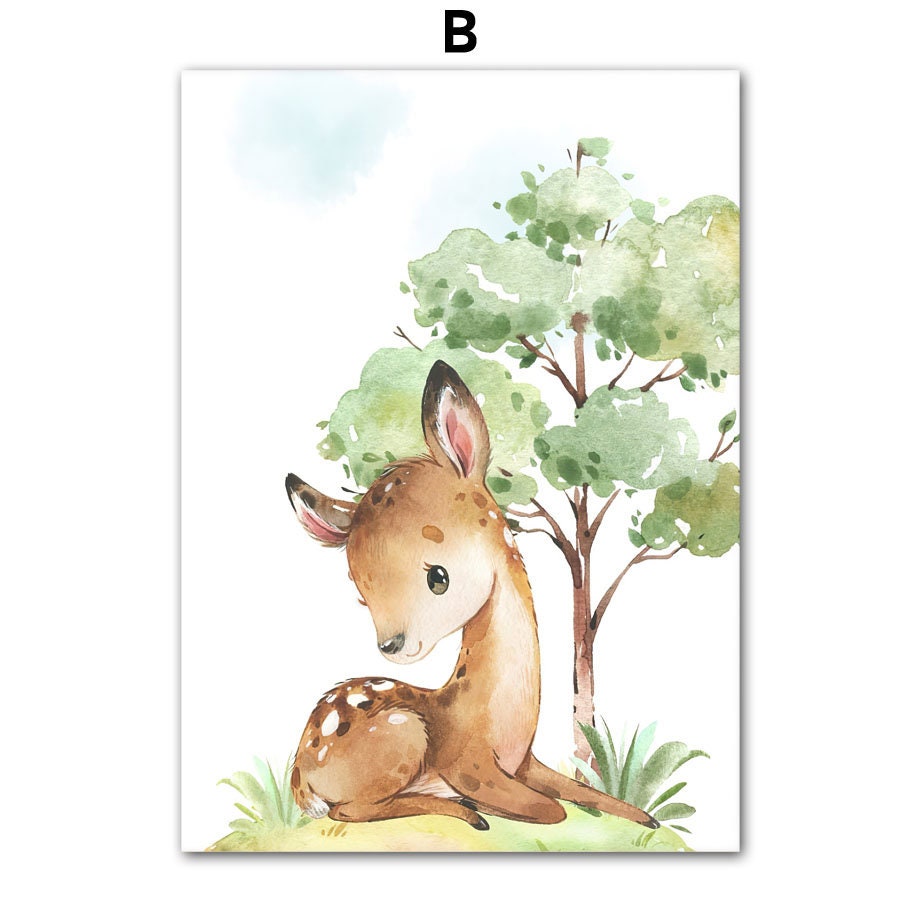 Einfaches und charmantes Poster eines ruhenden Rehs unter einem Baum, ideal für die kreative Gestaltung des Kinderzimmers von justgoodmood.