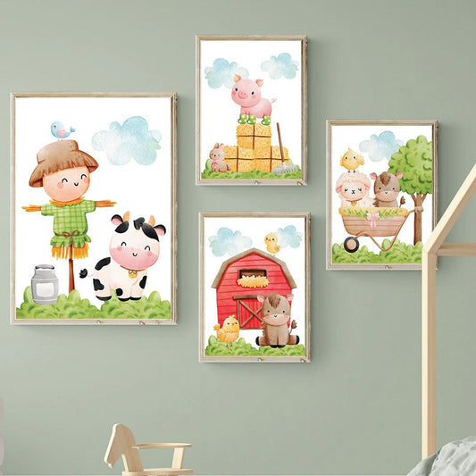 Lebendige Wandbilder für das Kinderzimmer mit süßen Tieren, Bauer und Vogelscheuche von justgoodmood. Poster Kinderzimmer Bauernhof süße Tiere Bauer Vogelscheuche I Kinderzimmer Bilder I Wand Deko.