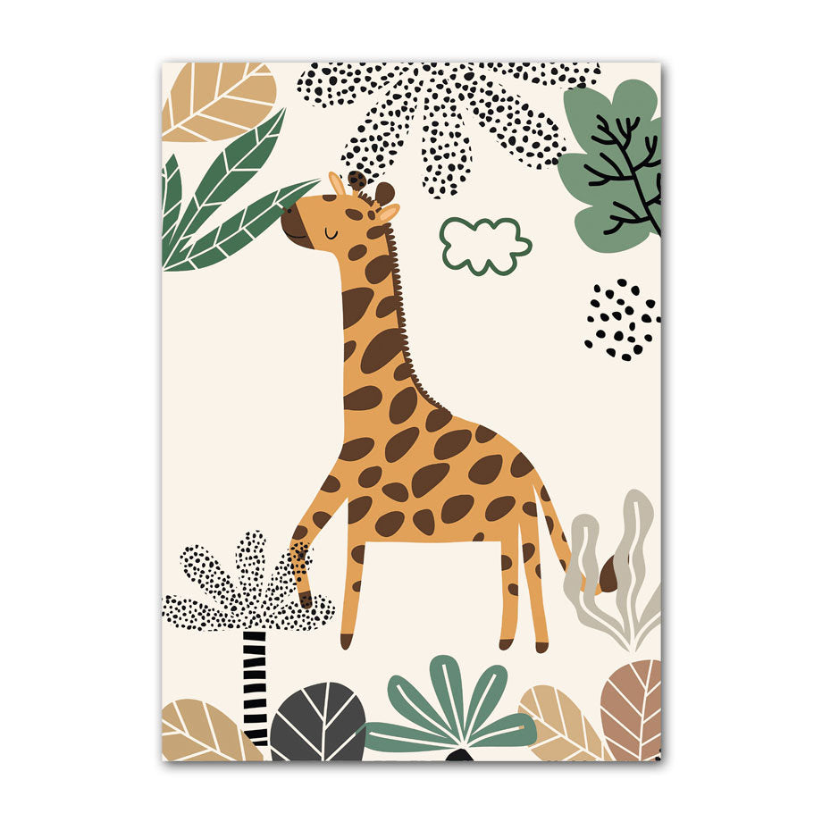 Niedliches Poster mit einer Giraffe umgeben von Dschungelpflanzen, perfekt für Kinderzimmer. Kunst-Druck von justgoodmood, Teil der "Hakuna Matata" Kollektion.