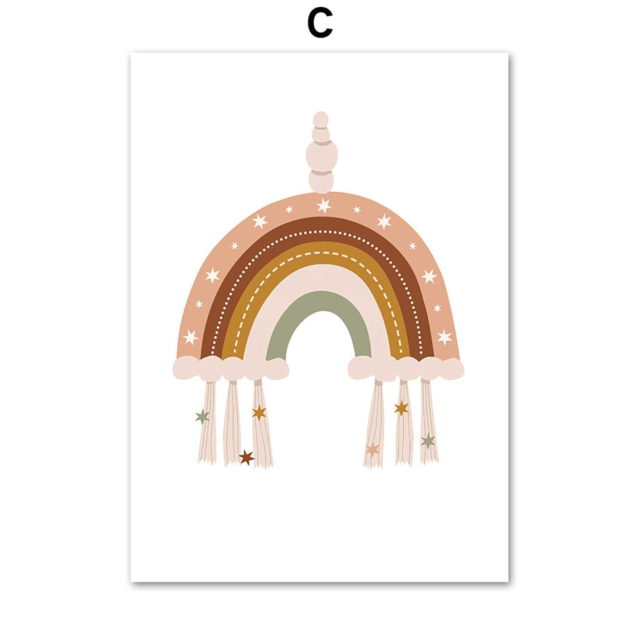 Zartes Regenbogen-Poster von justgoodmood, perfekt für das Abenteuer-Thema im Kinderzimmer, eine wundervolle Ergänzung als Teil des "Wald Berge Abenteuer" Designs.