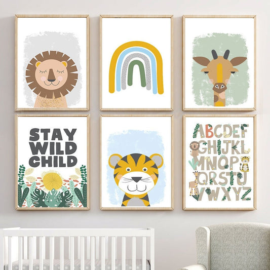 Buntes Dschungeltiere Alphabet Poster von justgoodmood für das Kinderzimmer, mit fröhlichen Tierillustrationen und bunten Designs.