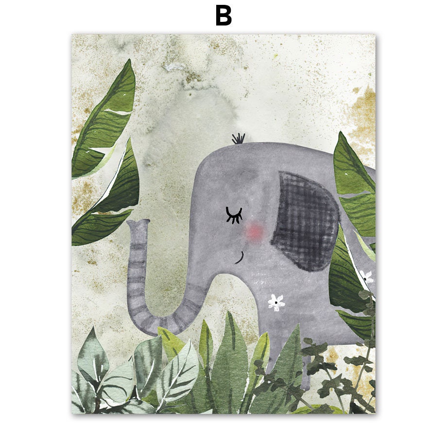 Schönes Elefantenposter von justgoodmood, das das liebevolle Tier in einer grünen Dschungelumgebung zeigt. Ideal für Kinderzimmer zur Anregung von Fantasie und Freude.