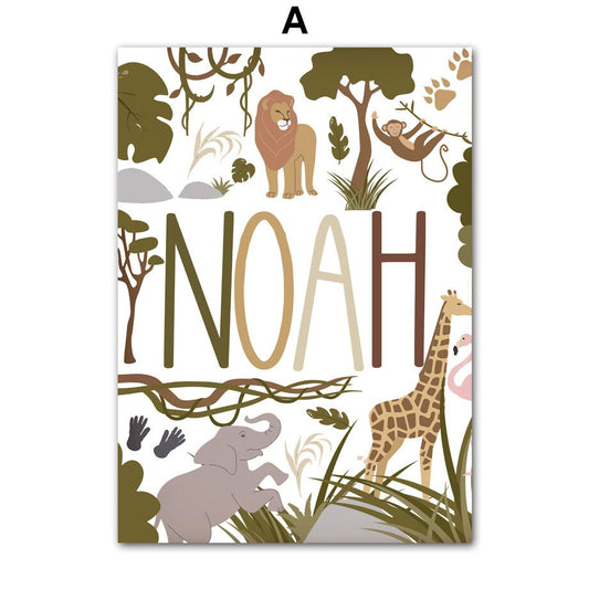 Illustration von justgoodmood, die den Namen Noah mit niedlichen Dschungeltieren darstellt. Ideal für die Wandgestaltung im Kinderzimmer. Titel: Poster Kinderzimmer Dschungel Tiere I Name Personalisiert.