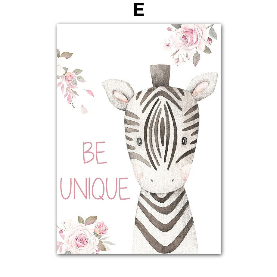Lustiges Zebra-Poster mit der Aufschrift 'BE UNIQUE' für eine fröhliche Kinderzimmergestaltung, von justgoodmood.